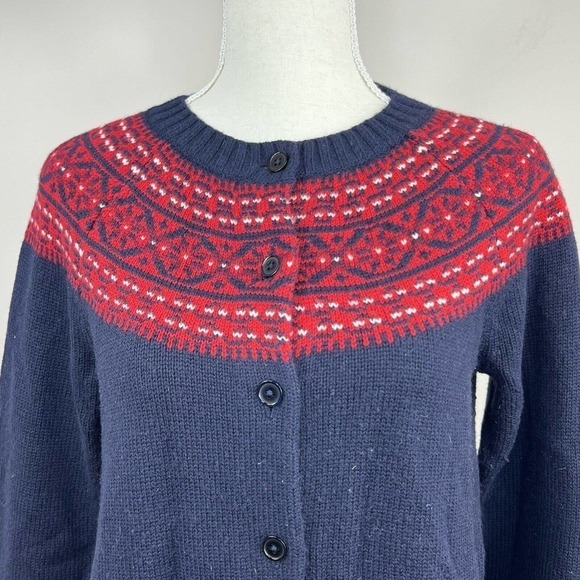 Talbots Navy Blue Red Wool Fair Isle Button Front Cardigan MP M Petite - Picture 2 of 12